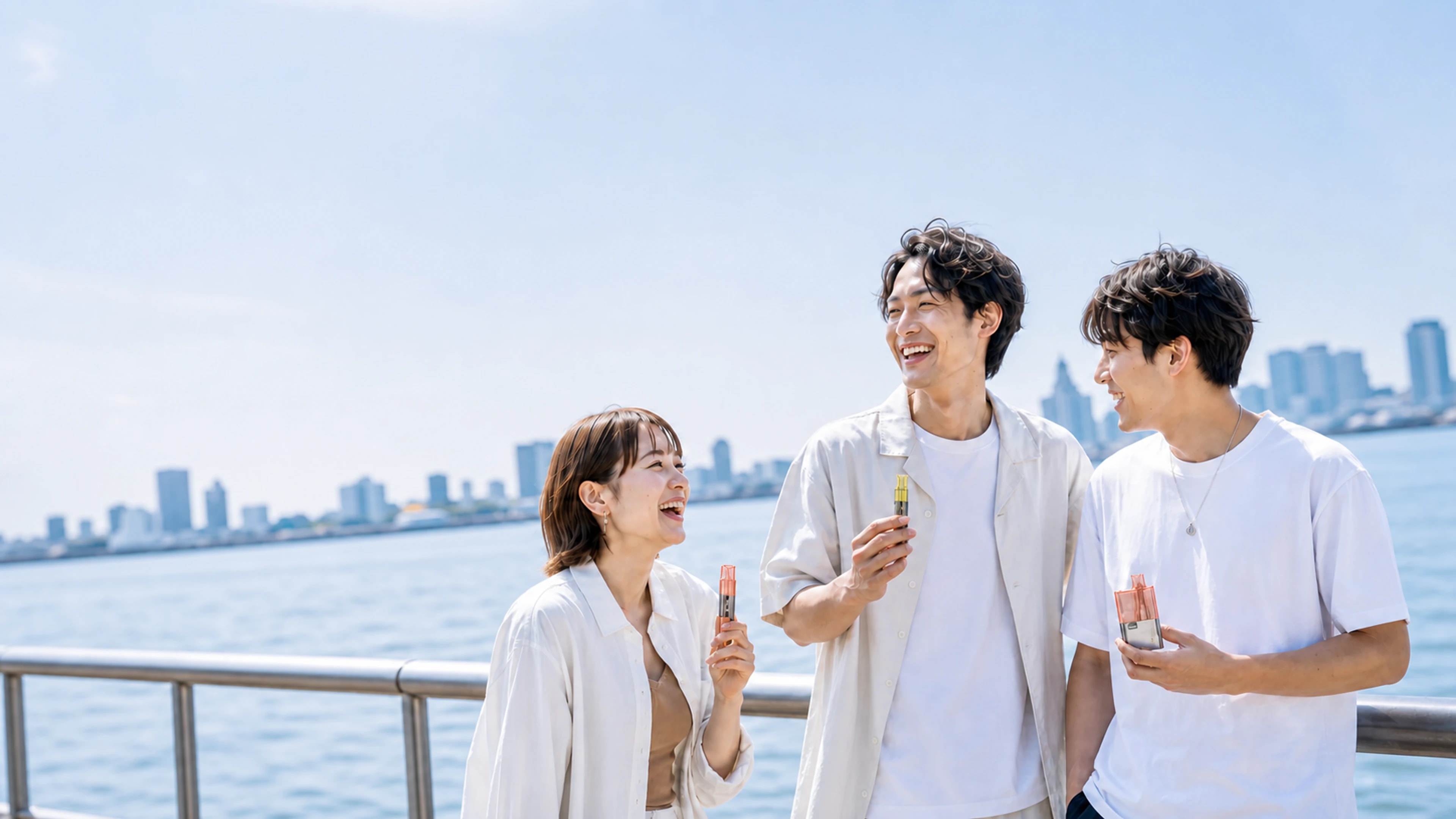 海辺で異なる Snowplus 製品を手に会話する3人の大人