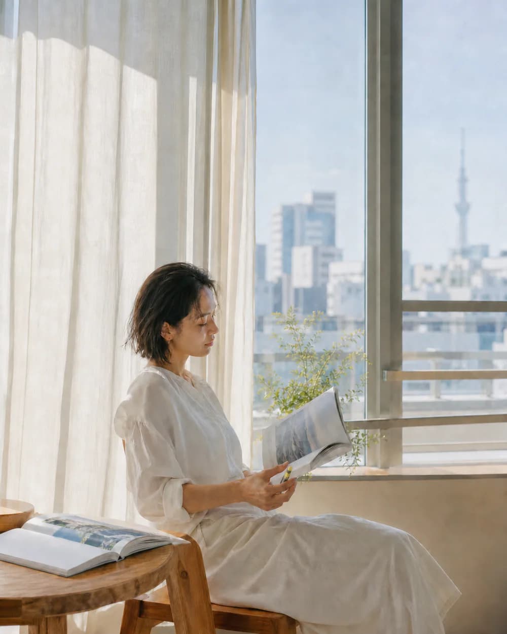 窓辺で本を読みながら NEO を手にする成人女性